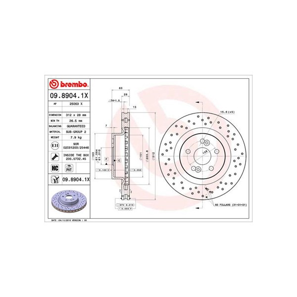 Bromsskiva Hålad/ventilerad, Framaxel Brembo 09.8904.1X BREMBO