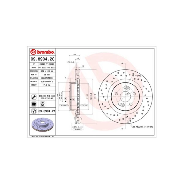 Bromsskiva Hålad/ventilerad, Framaxel Brembo 09.8904.21 BREMBO