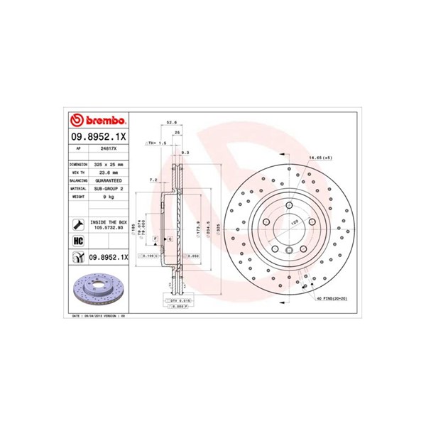 Bromsskiva Hålad/ventilerad, Framaxel Brembo 09.8952.1X BREMBO