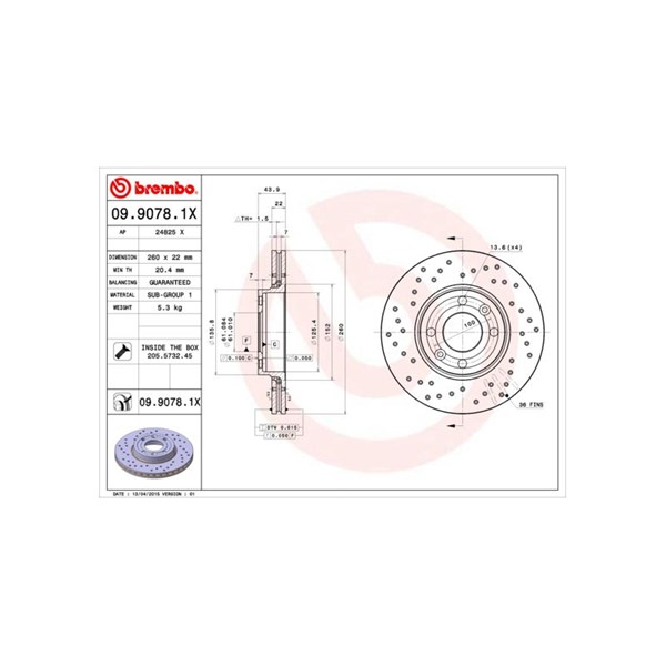 Bromsskiva Hålad/ventilerad, Bakaxel, Framaxel Brembo 09.9078.1X BREMBO