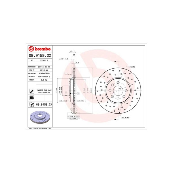Bromsskiva Hålad/ventilerad, Framaxel Brembo 09.9159.2X BREMBO