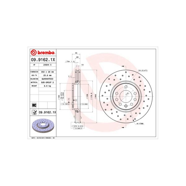 Bromsskiva Hålad/ventilerad, Framaxel Brembo 09.9162.1X BREMBO