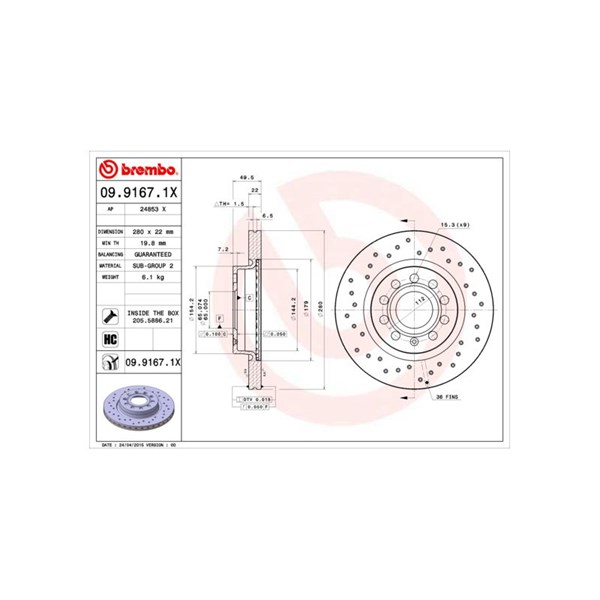 Bromsskiva Hålad/ventilerad, Framaxel Brembo 09.9167.1X BREMBO