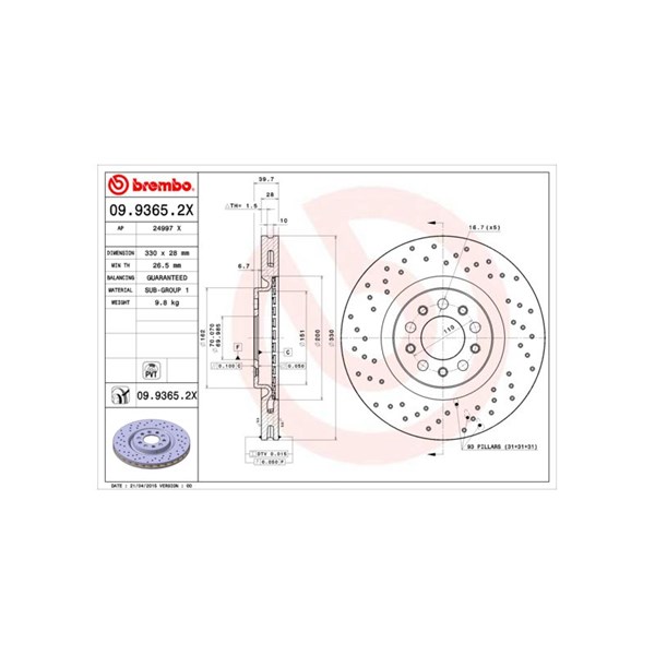 Bromsskiva Hålad/ventilerad, Framaxel Brembo 09.9365.2X BREMBO
