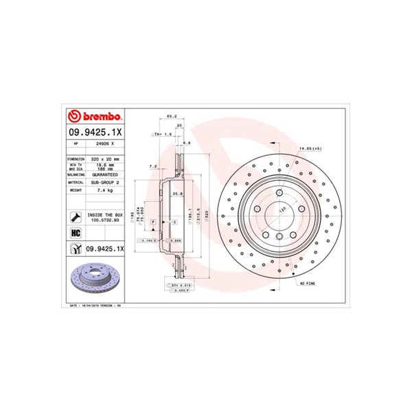 Bromsskiva Hålad/ventilerad, Bakaxel Brembo 09.9425.1X BREMBO