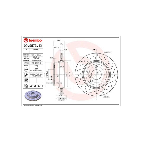 Bromsskiva Hålad/ventilerad, Bakaxel Brembo 09.9573.1X BREMBO