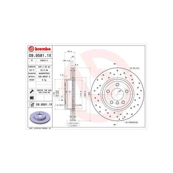 Bromsskiva Hålad/ventilerad, Framaxel Brembo 09.9581.1X BREMBO