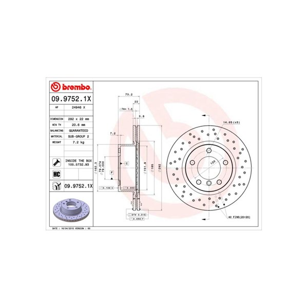 Bromsskiva Hålad/ventilerad, Framaxel Brembo 09.9752.1X BREMBO