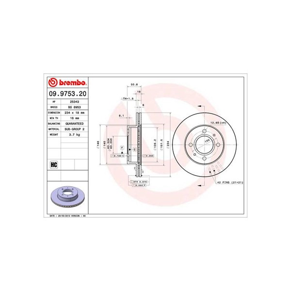 Bromsskiva Ventilerad, Framaxel Brembo 09.9753.21 BREMBO
