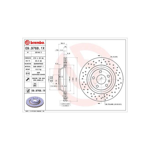 Bromsskiva Hålad/ventilerad, Bakaxel Brembo 09.9768.1X BREMBO