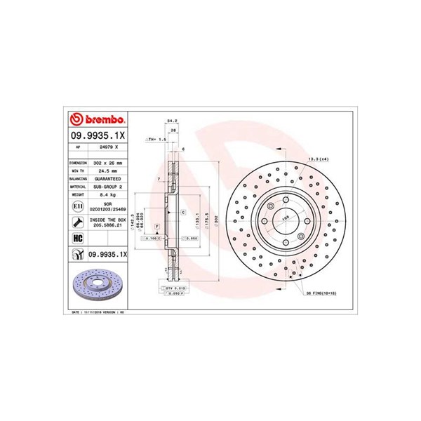 Bromsskiva Hålad/ventilerad, Framaxel Brembo 09.9935.1X BREMBO