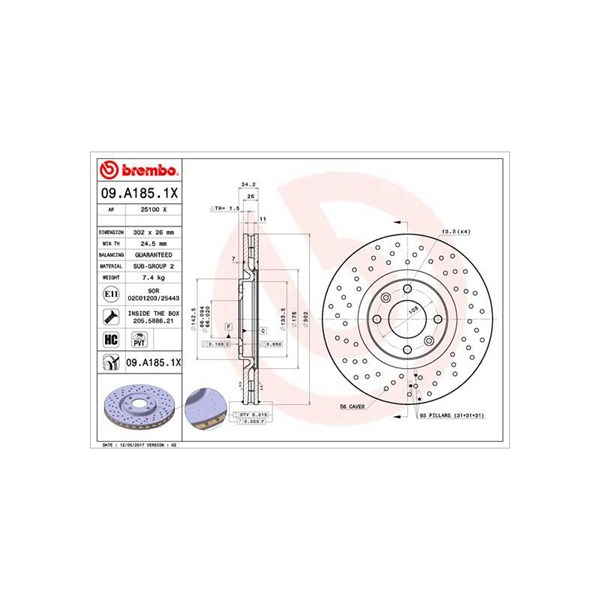 Bromsskiva Hålad/ventilerad, Bakaxel, Framaxel Brembo 09.A185.1X BREMBO