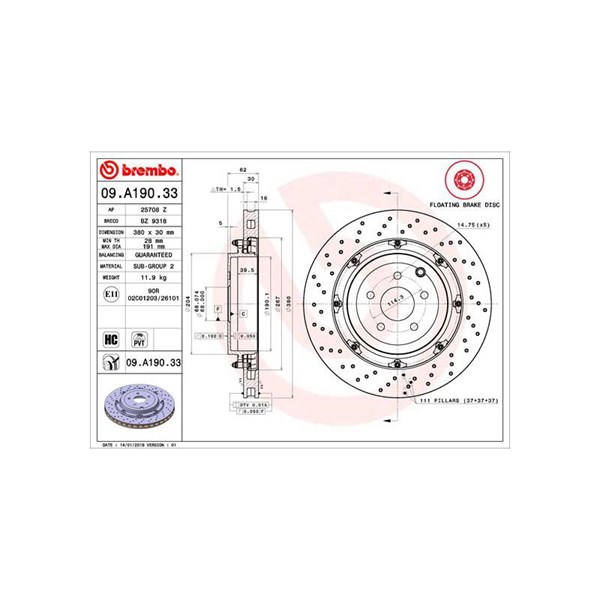 Bromsskiva Bromsskiva tvådelad, Bakaxel Brembo 09.A190.33 BREMBO Bromsskiva Bromsskiva tvådelad, Bakaxel Brembo 09.A190.33 BREMBO