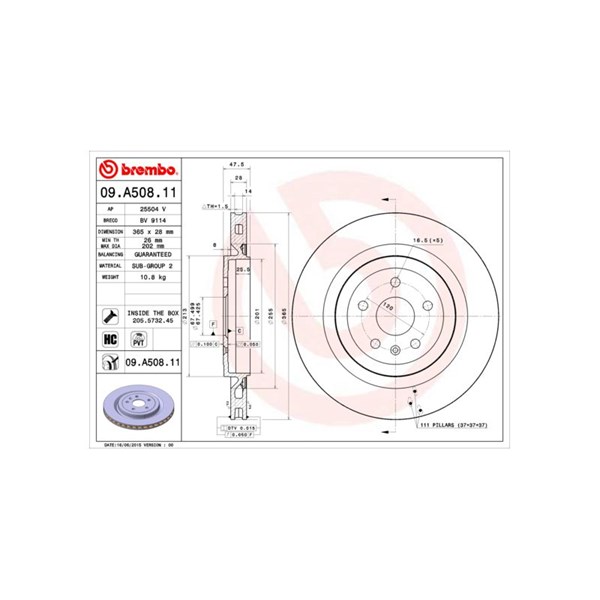 Bromsskiva Ventilerad, Bakaxel Brembo Coated disc line 09.A508.11 BREMBO