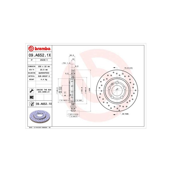 Bromsskiva Hålad/ventilerad, Bakaxel Brembo 09.A652.1X BREMBO
