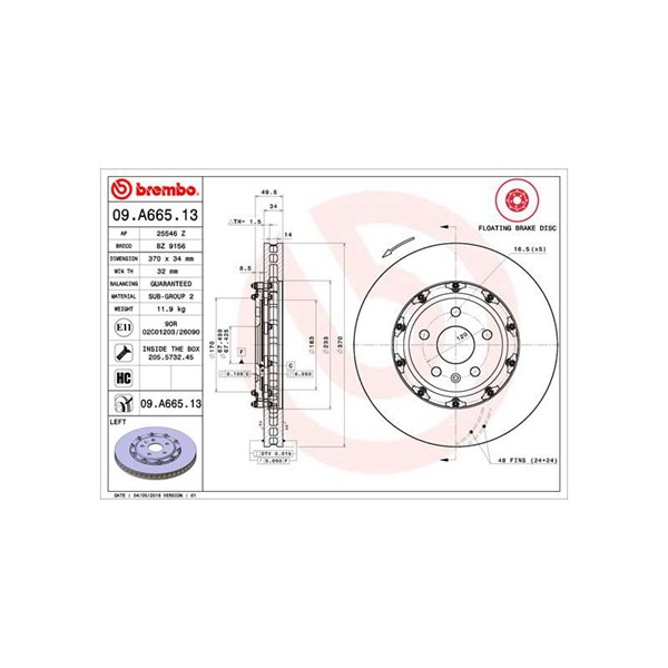 Bromsskiva, Framaxel, framaxel vänster Brembo 09.A665.13 BREMBO