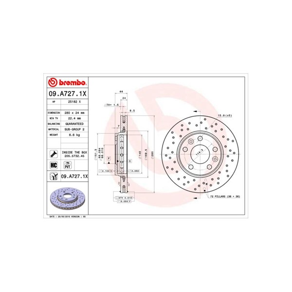 Bromsskiva Hålad/ventilerad, Framaxel Brembo 09.A727.1X BREMBO