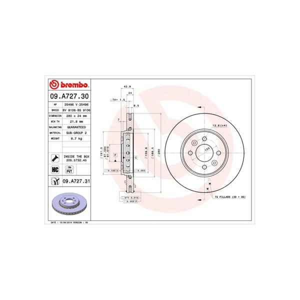 Bromsskiva Ventilerad, Framaxel Brembo 09.A727.31 BREMBO