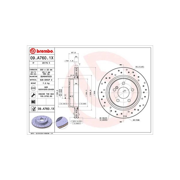 Bromsskiva Hålad/ventilerad, Bakaxel Brembo 09.A760.1X BREMBO