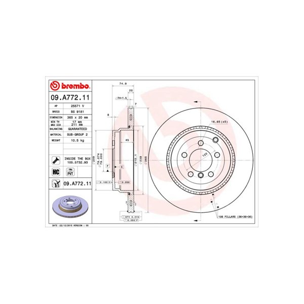 Bromsskiva Ventilerad, Bakaxel Brembo Coated disc line 09.A772.11 BREMBO