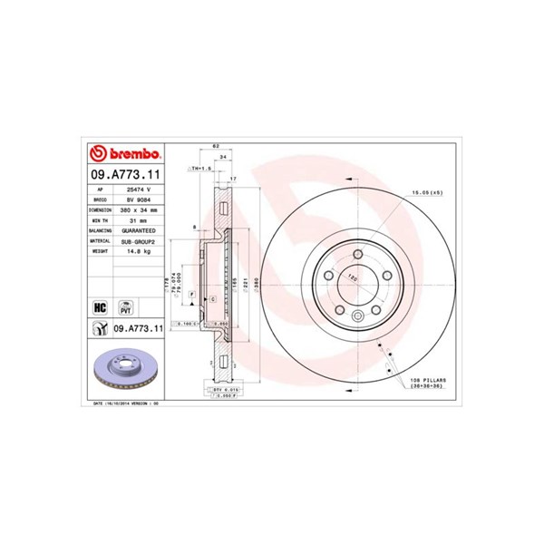 Bromsskiva Ventilerad, Framaxel Brembo 09.A773.11 BREMBO