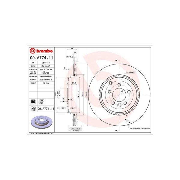 Bromsskiva Ventilerad, Bakaxel Brembo Coated disc line 09.A774.11 BREMBO Bromsskiva Ventilerad, Bakaxel Brembo Coated disc line 09.A774.11 BREMBO