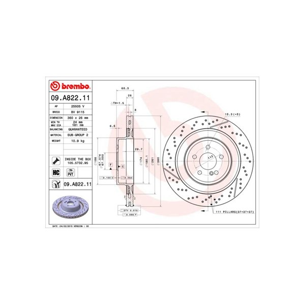 Bromsskiva Ventilerad, Bakaxel Brembo Coated disc line 09.A822.11 BREMBO