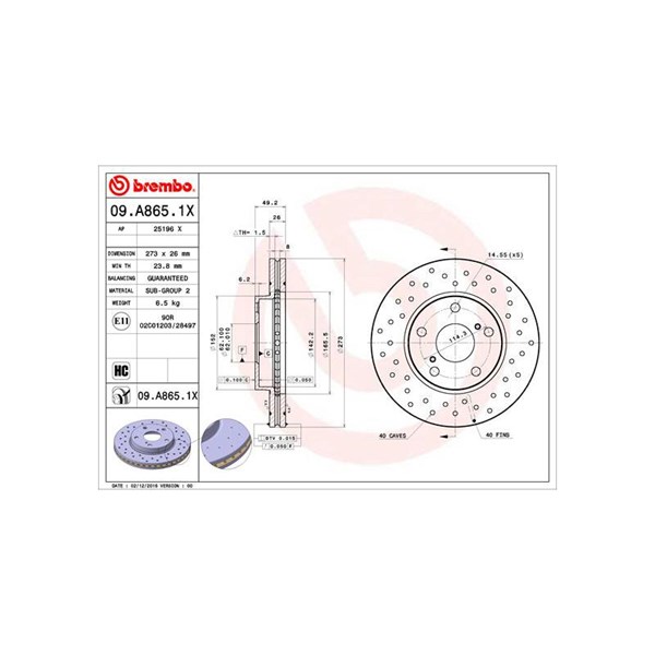 Bromsskiva Hålad/ventilerad, Framaxel Brembo 09.A865.1X BREMBO