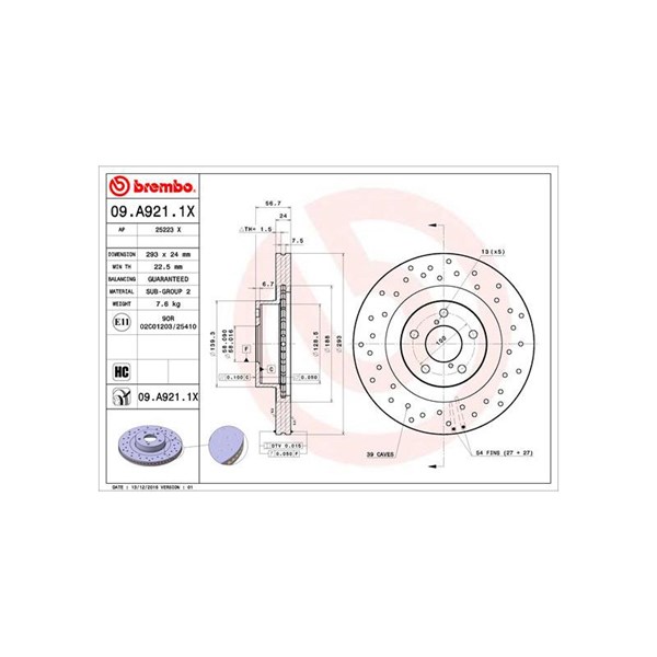 Bromsskiva Hålad/ventilerad, Framaxel Brembo 09.A921.1X BREMBO