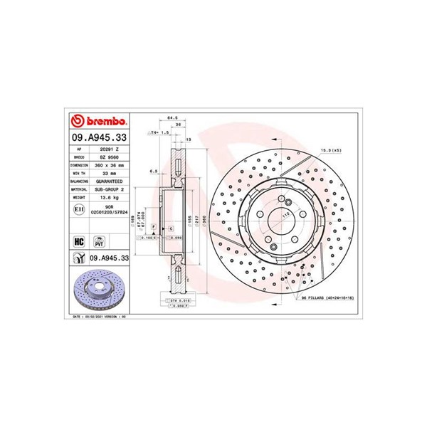 Bromsskiva Ventilerad, Framaxel Brembo 09.A945.33 BREMBO