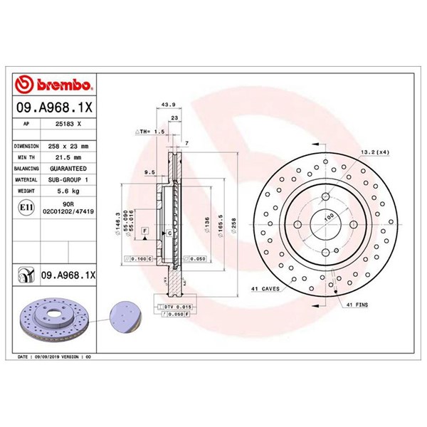 Bromsskiva Hålad/ventilerad, Framaxel Brembo 09.A968.1X BREMBO