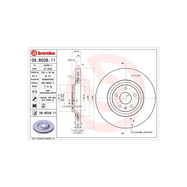 Bromsskiva Ventilerad, Framaxel Brembo 09.B038.11 BREMBO Bromsskiva Ventilerad, Framaxel Brembo 09.B038.11 BREMBO