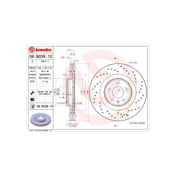 Bromsskiva Hålad/ventilerad, Framaxel Brembo 09.B039.1X BREMBO