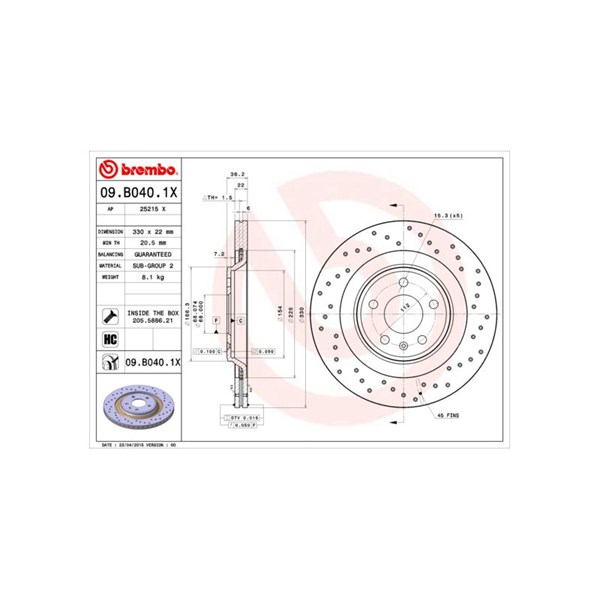 Bromsskiva Hålad/ventilerad, Bakaxel Brembo 09.B040.1X BREMBO