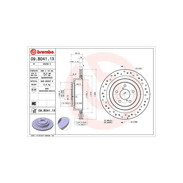 Bromsskiva Hålad/ventilerad, Bakaxel Brembo 09.B041.1X BREMBO