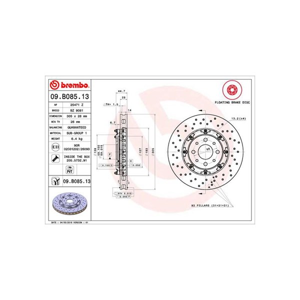 Bromsskiva Bromsskiva tvådelad, Framaxel Brembo 09.B085.13 BREMBO