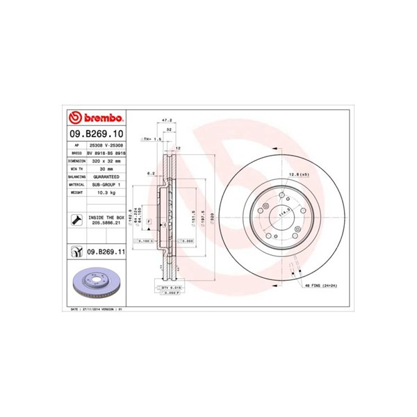Bromsskiva Ventilerad, Framaxel Brembo 09.B269.11 BREMBO
