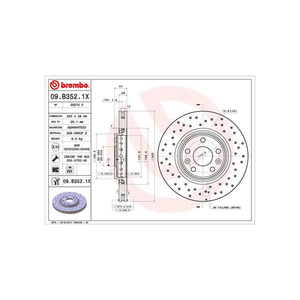 Bromsskiva Hålad/ventilerad, Framaxel Brembo 09.B352.1X BREMBO