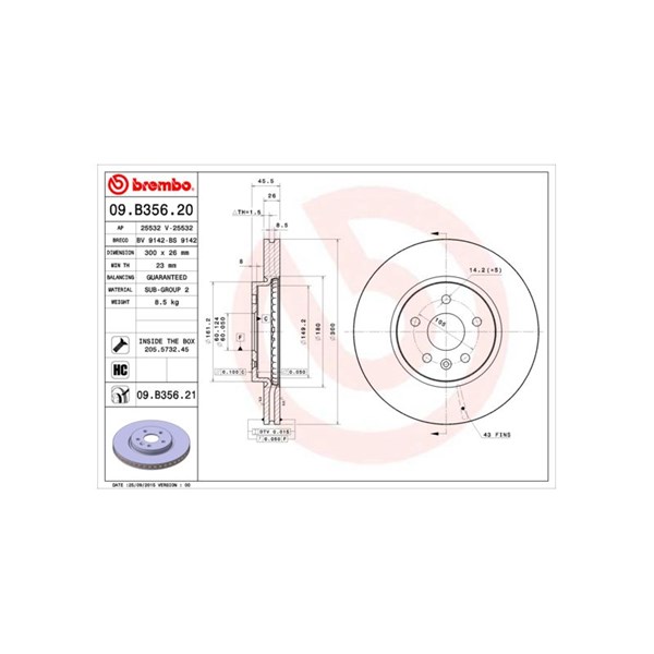 Bromsskiva Ventilerad, Framaxel Brembo 09.B356.21 BREMBO
