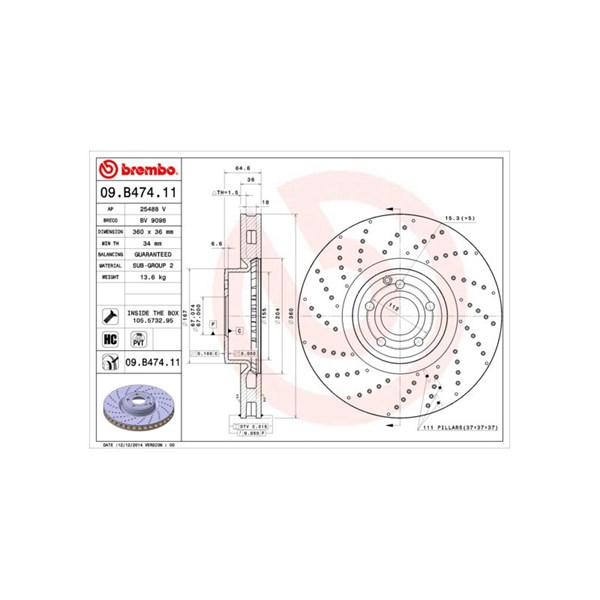 Bromsskiva Hålad/ventilerad, Framaxel Brembo 09.B474.11 BREMBO