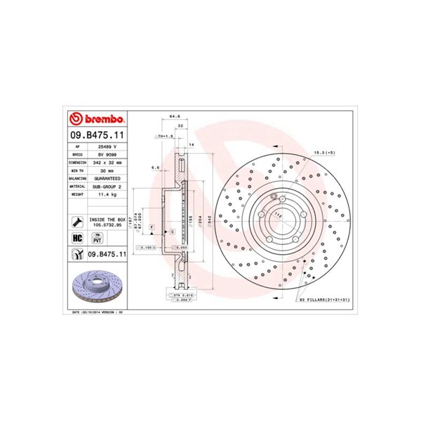 Bromsskiva Hålad/ventilerad, Framaxel Brembo 09.B475.11 BREMBO