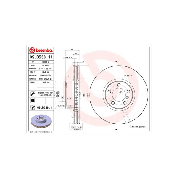 Bromsskiva Ventilerad, Framaxel Brembo 09.B538.11 BREMBO