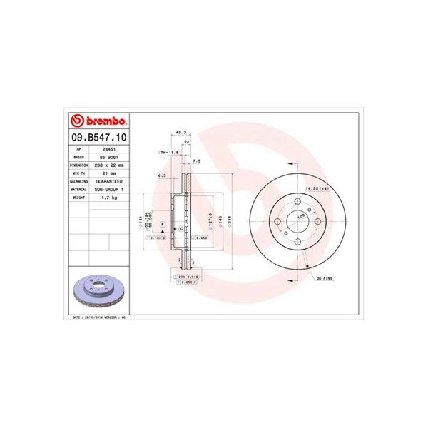 Bromsskiva Ventilerad, Framaxel Brembo 09.B547.10 BREMBO Bromsskiva Ventilerad, Framaxel Brembo 09.B547.10 BREMBO