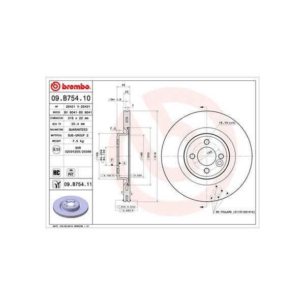 Bromsskiva Ventilerad, Framaxel Brembo 09.B754.11 BREMBO