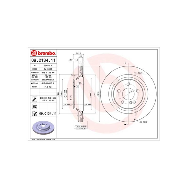 Bromsskiva Ventilerad, Bakaxel Brembo Coated disc line 09.C134.11 BREMBO