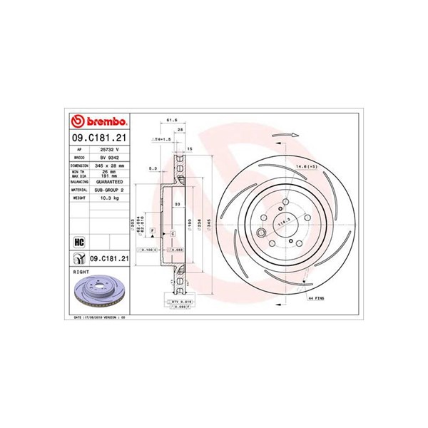 Bromsskiva Ventilerad, Bakaxel, Bakaxel höger Brembo 09.C181.21 BREMBO