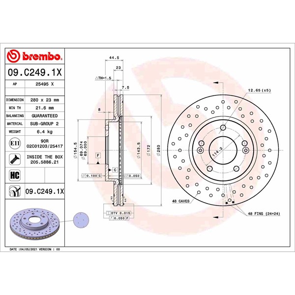 Bromsskiva Hålad/ventilerad, Framaxel Brembo 09.C249.1X BREMBO