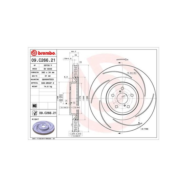 Bromsskiva Ventilerad, Framaxel, framaxel höger Brembo 09.C266.21 BREMBO