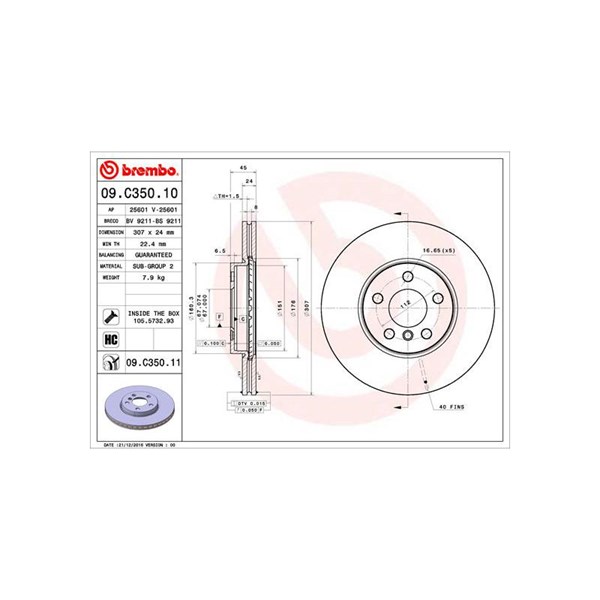 Bromsskiva Ventilerad, Framaxel Brembo 09.C350.11 BREMBO