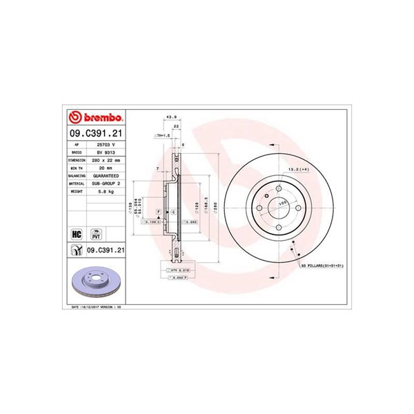 Bromsskiva Ventilerad, Framaxel Brembo 09.C391.21 BREMBO